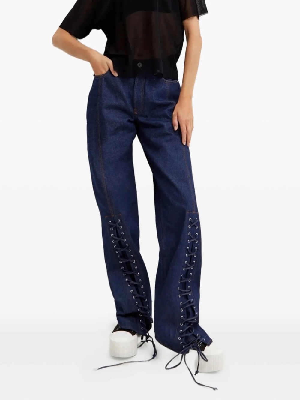 Jean Paul Gaultier Dark Blue Wide-Leg Jeans with Lace-Up Hem